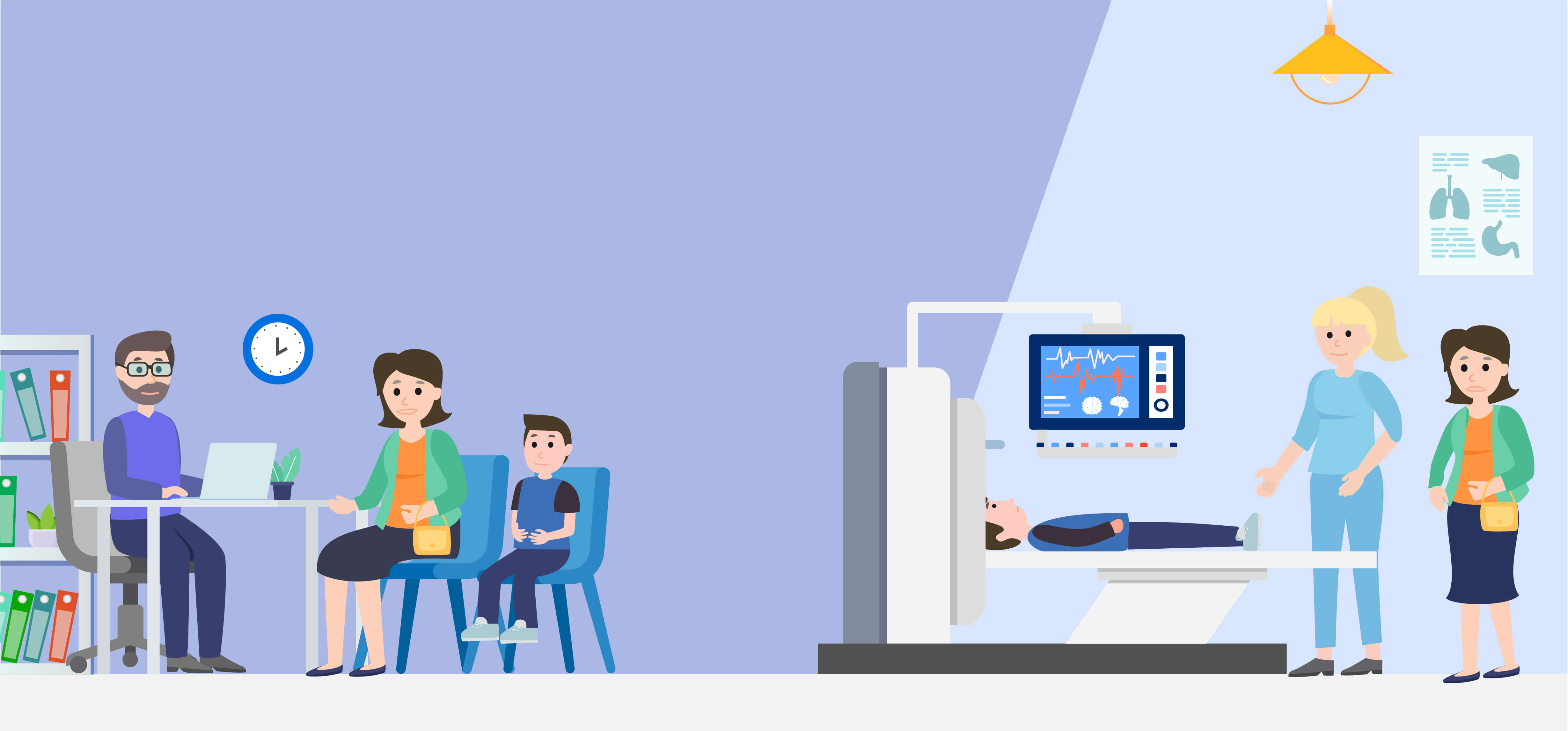 Graphic of Mother and son sitting at a desk with a doctor and the same child having a body scan