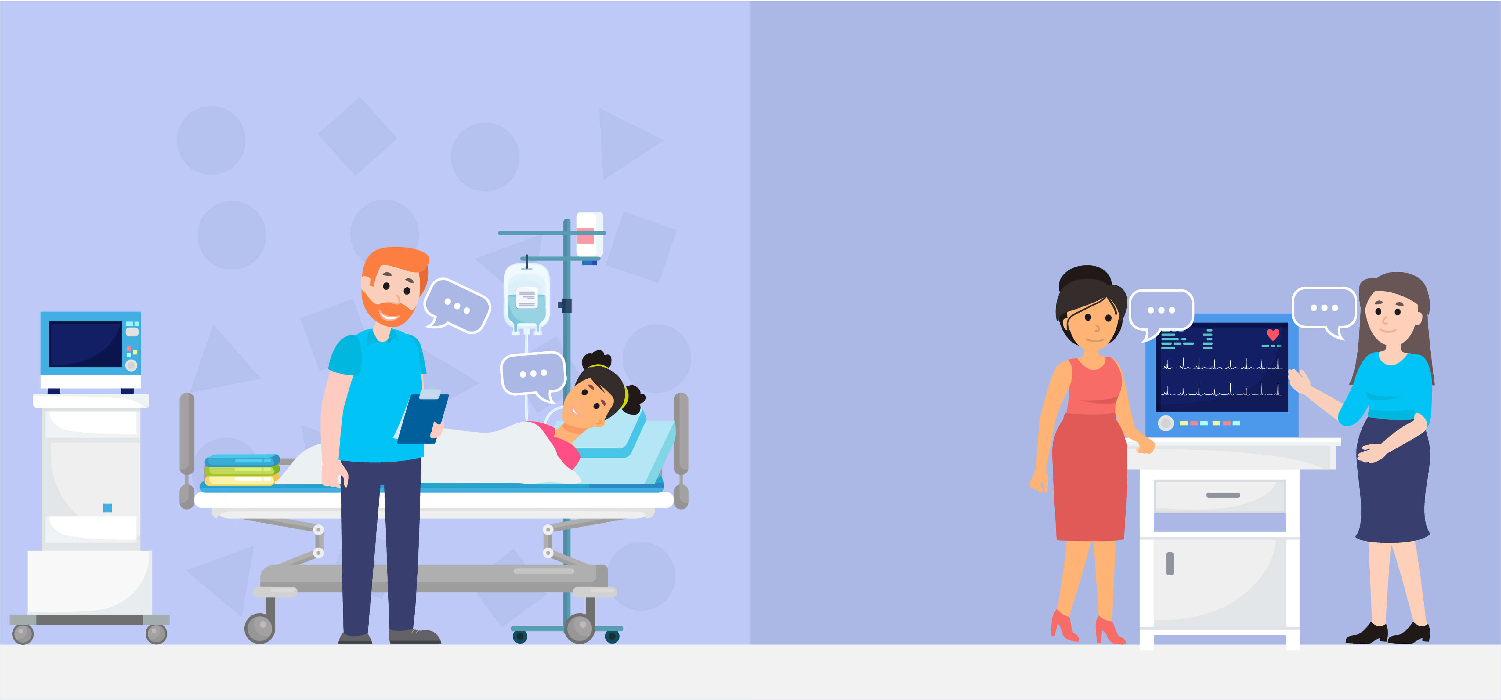 Graphic showing doctor talking to child in a hospital bed and parent talking to a health professional