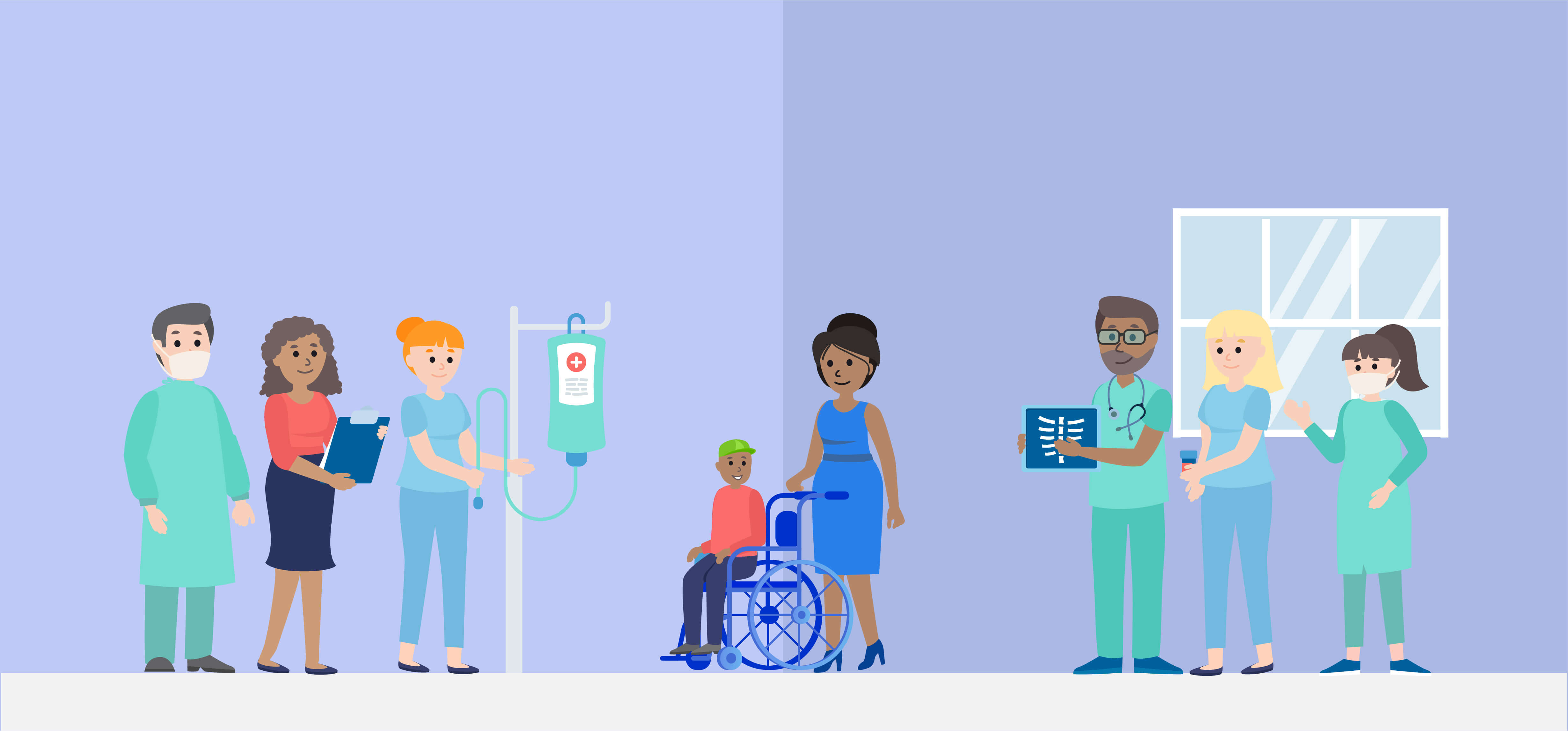 Graphic of Doctors and Allied Health Professionals and a Mum and child in a wheelchair