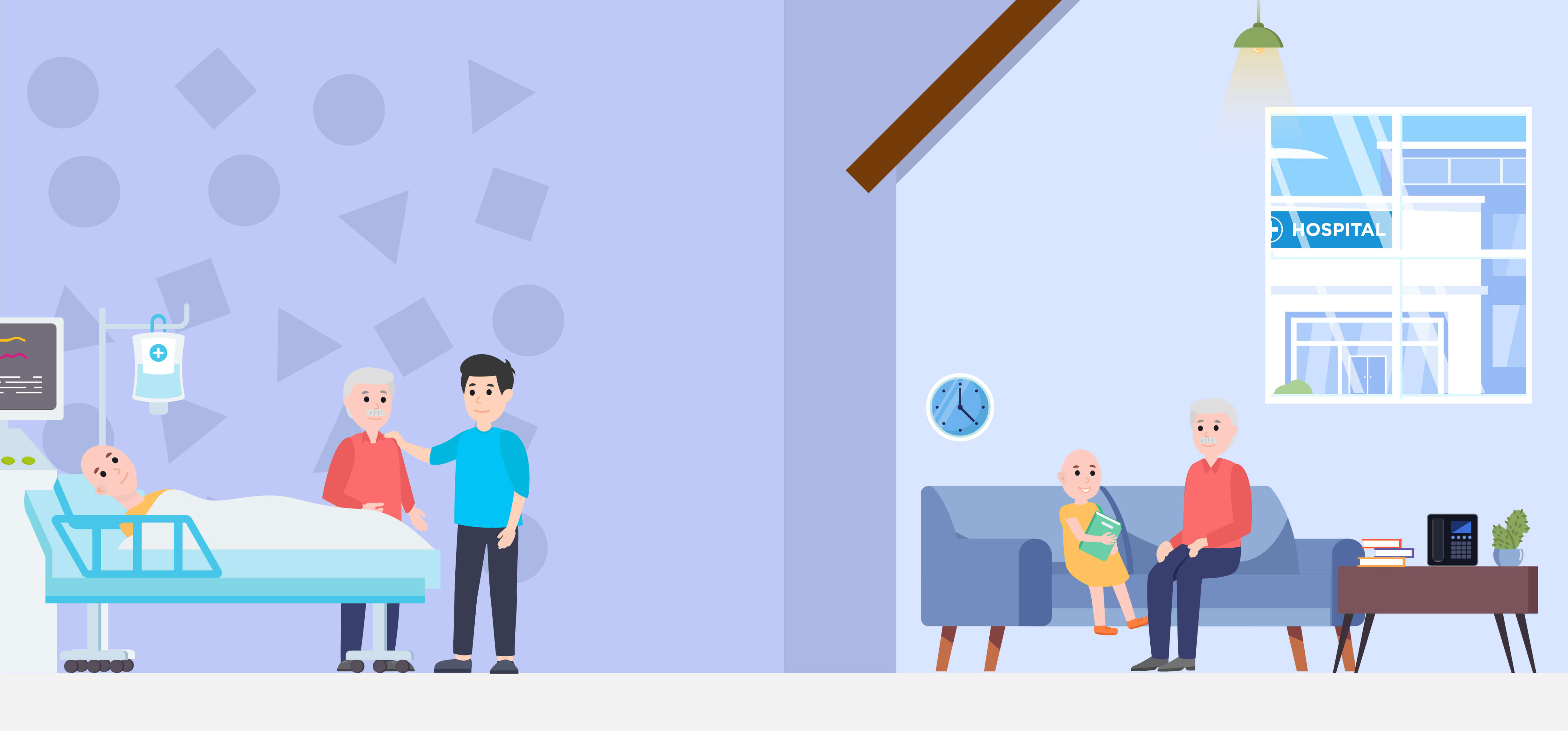 Graphic of Dad and Grandad standing next to a child in a hospital bed on one side and the other a Grandad sitting on a sofa next to a child